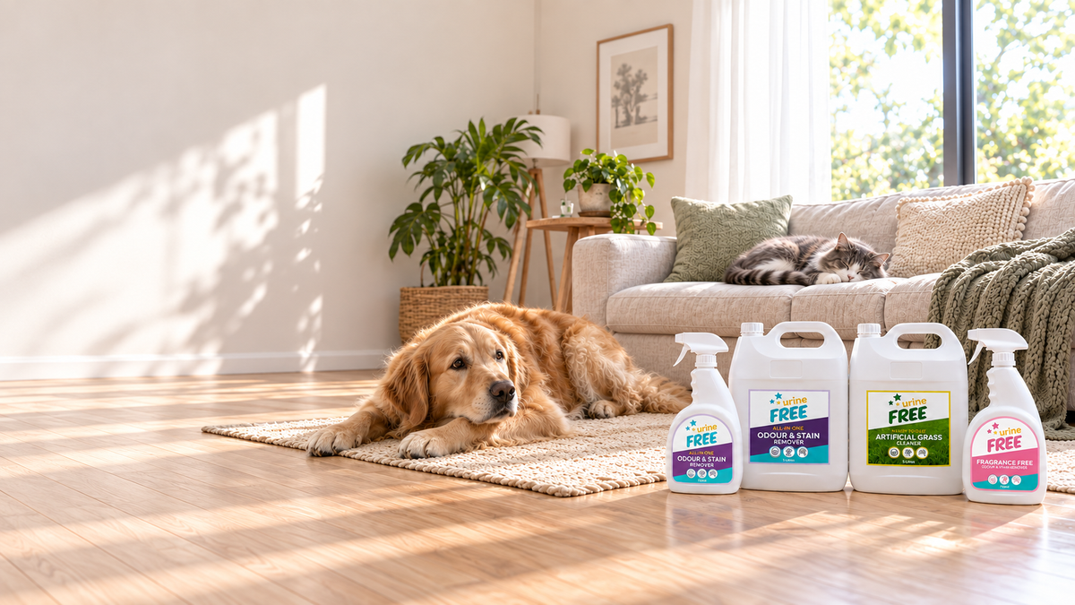 Four urineFREE products lined up on a hardwood floor in a bright living room. A golden retriever dog is lying on a woven rug nearby, and a cat rests on a sofa in the background showing its non-toxicity.